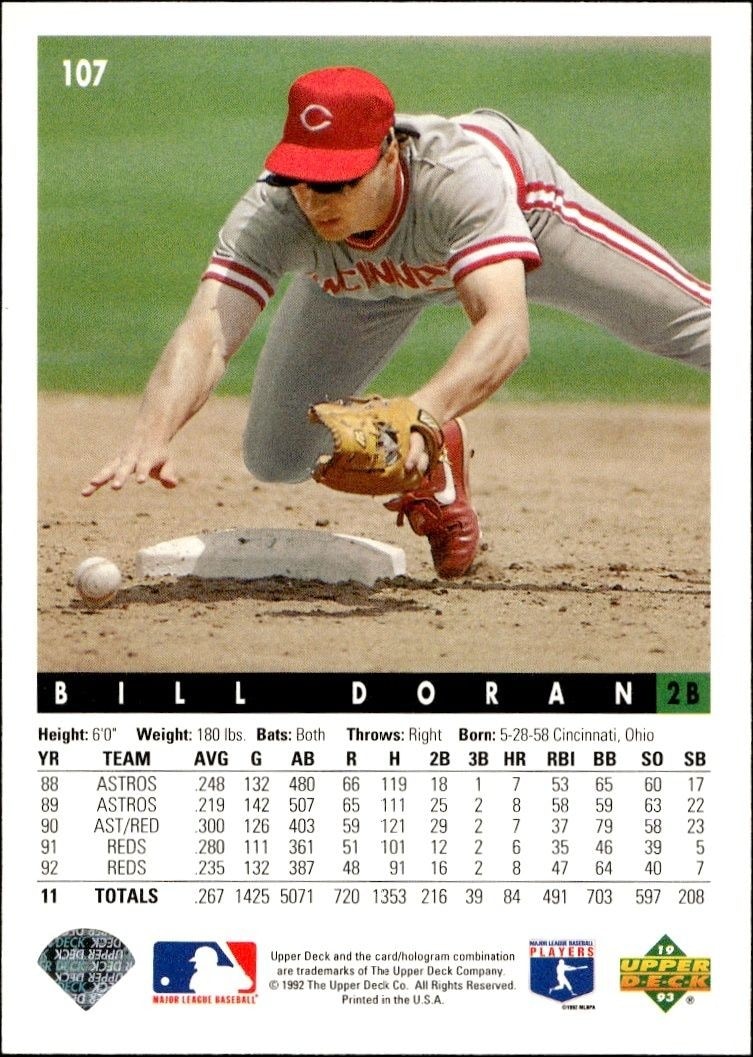 1993 Upper Deck Bill Doran #107 baseball trading card back