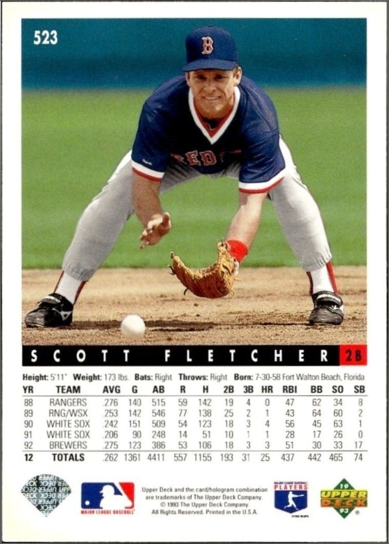 1993 Upper Deck Scott Fletcher #523 baseball trading card back