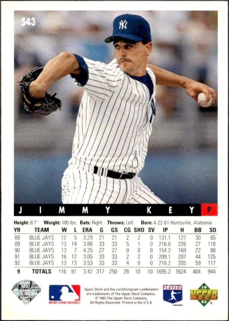 1993 Upper Deck Jimmy Key #543 baseball trading card back