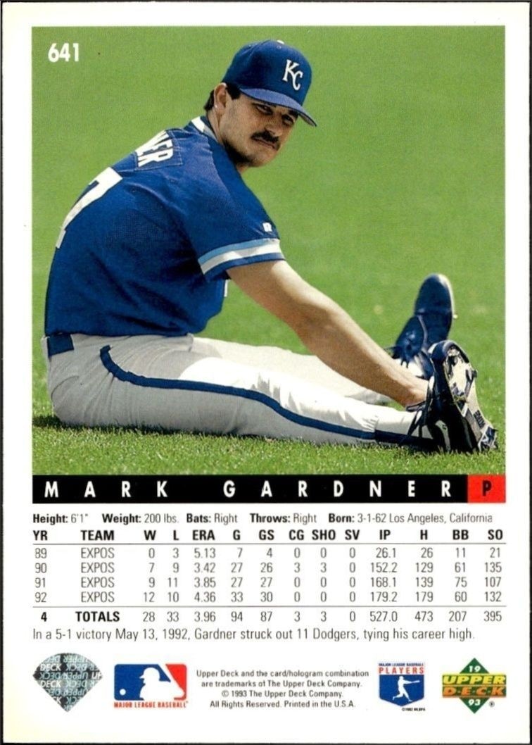 1993 Upper Deck Mark Gardner #641 baseball trading card back