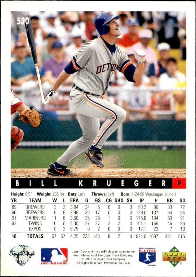 1993 Upper Deck Bill Krueger #530 baseball trading card back