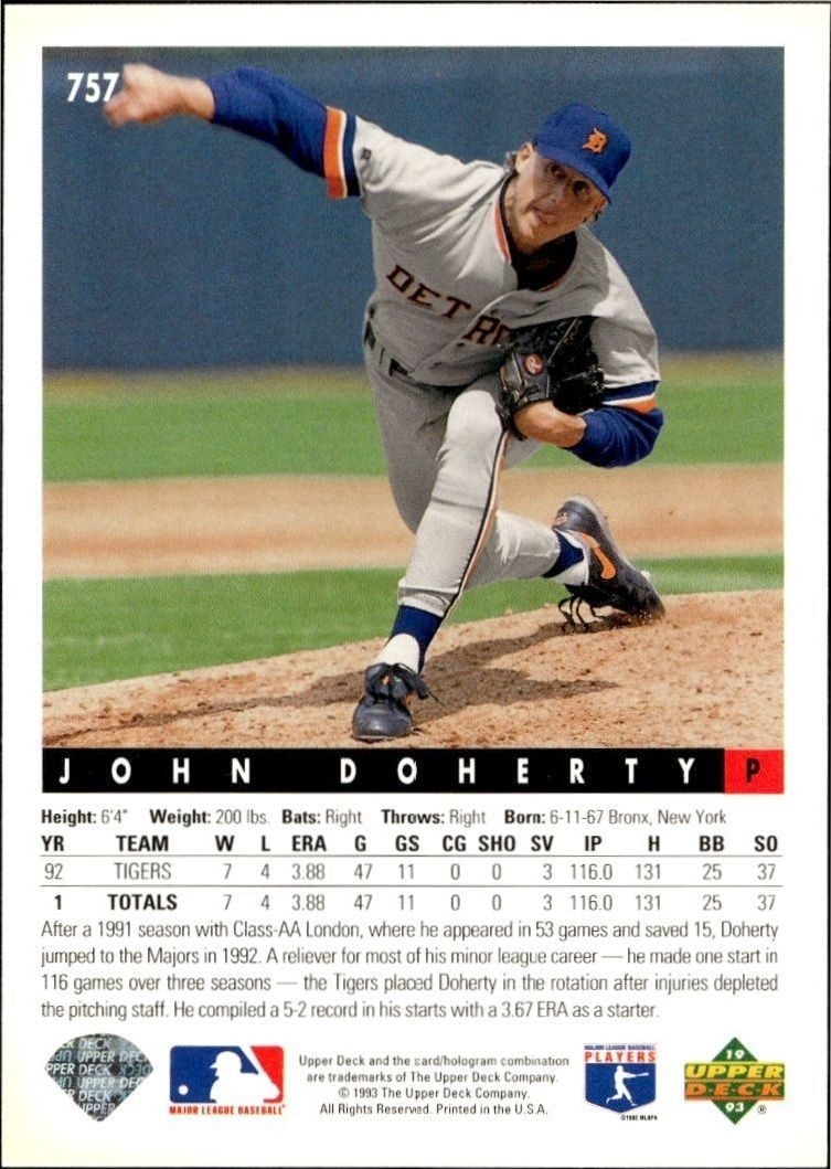 1993 Upper Deck John Doherty #757 baseball trading card back