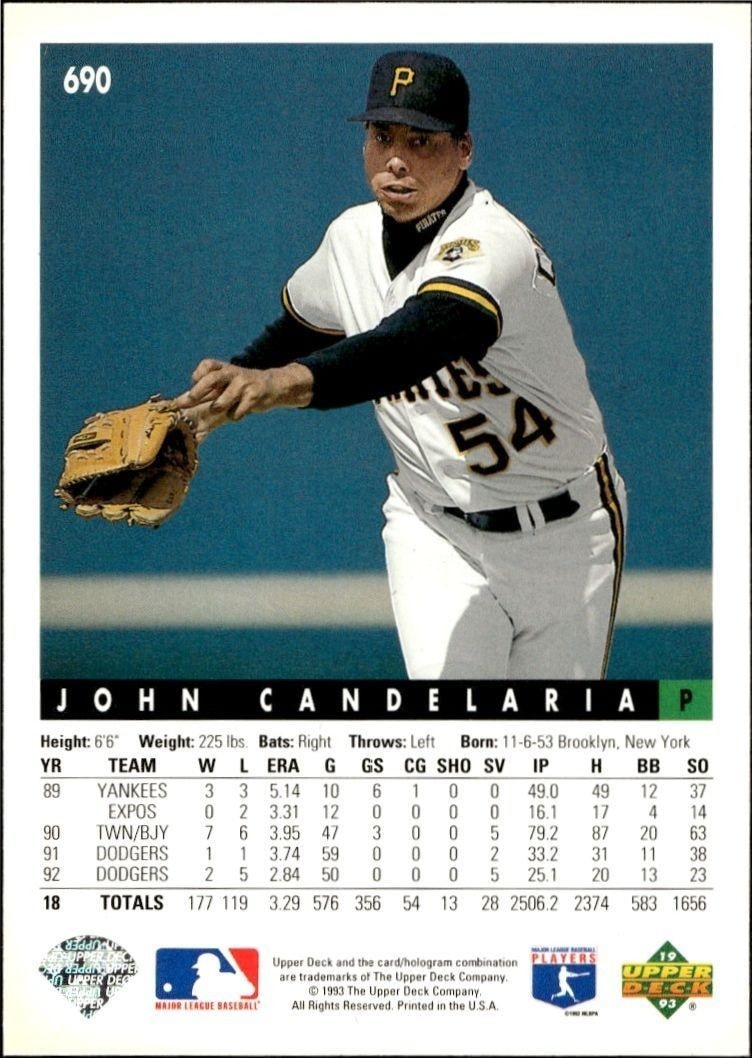 1993 Upper Deck John Candelaria #690 baseball trading card back