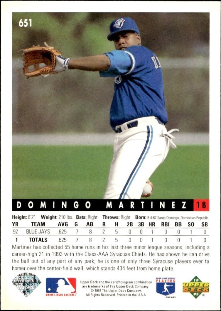 1993 Upper Deck Domingo Martinez #651 baseball trading card back