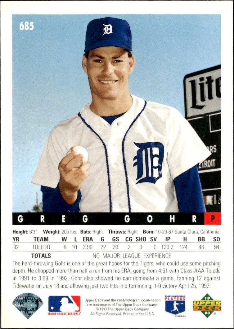 1993 Upper Deck Greg Gohr #685 baseball trading card back