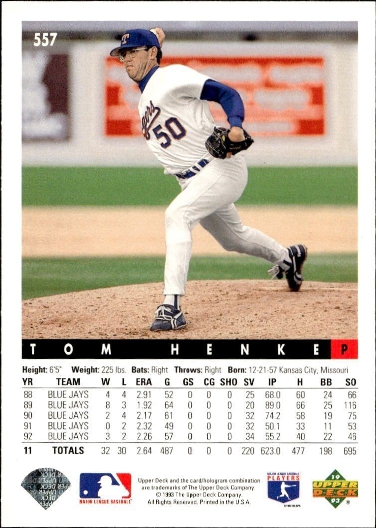 1993 Upper Deck Tom Henke #557 baseball trading card back