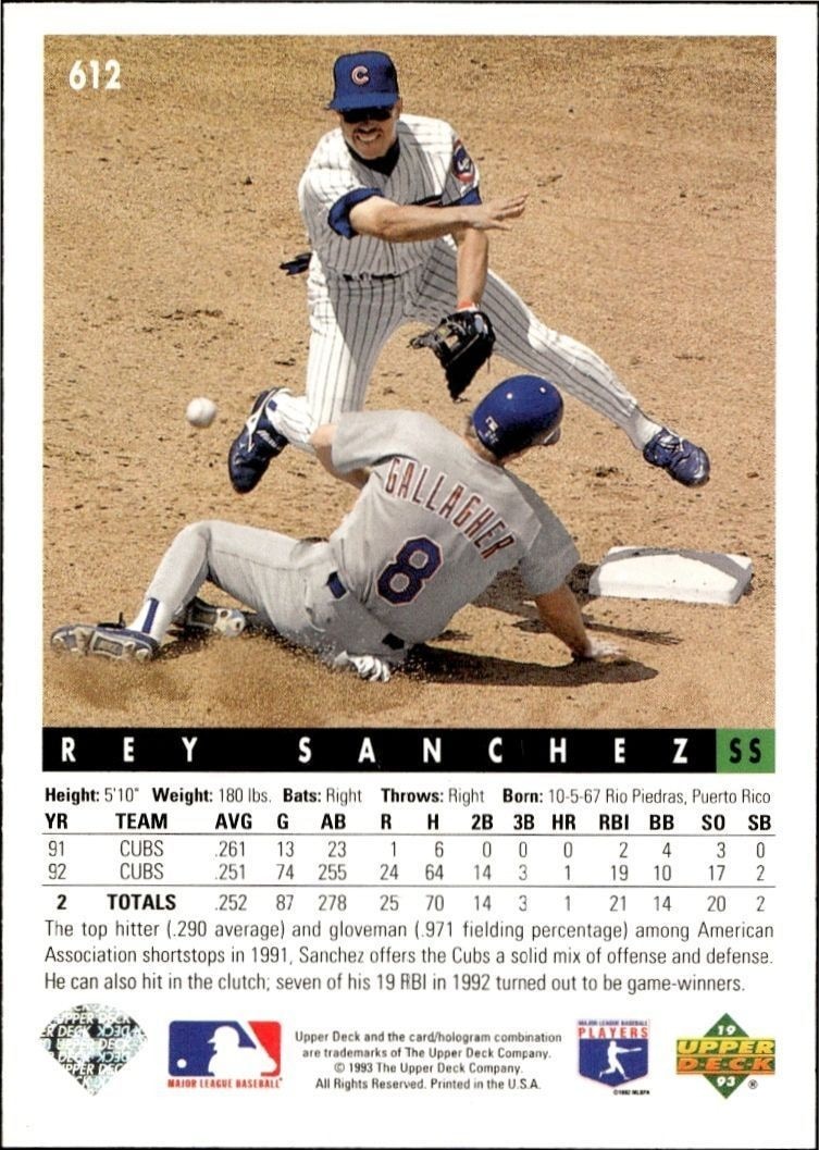 1993 Upper Deck Rey Sanchez #612 baseball trading card back