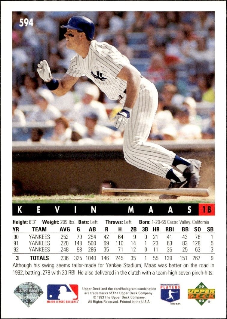 1993 Upper Deck Kevin Maas #594 baseball trading card back
