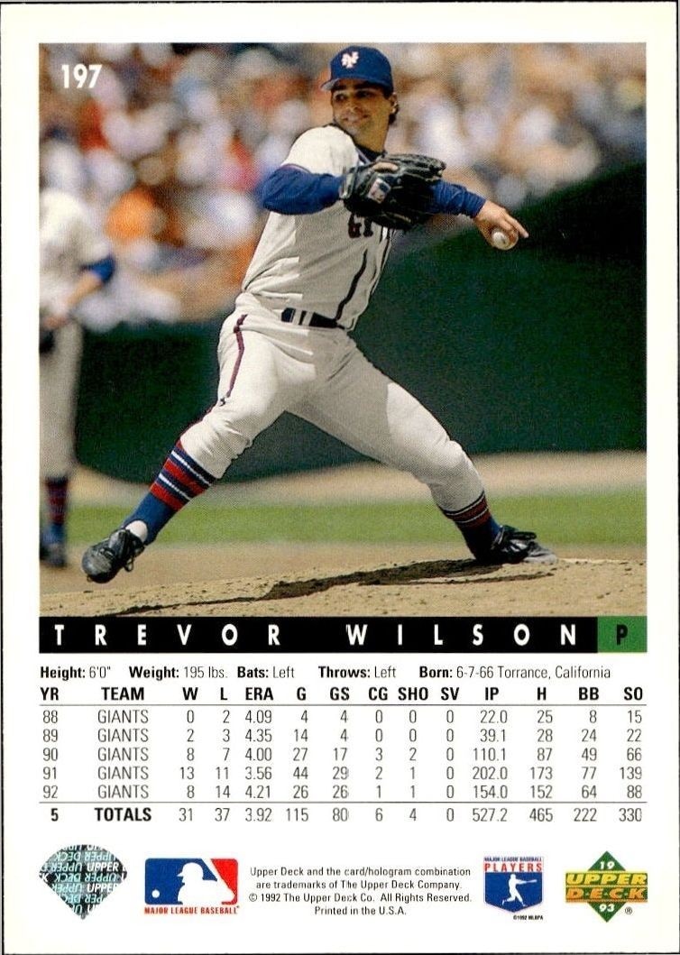 1993 Upper Deck Trevor Wilson #197 baseball trading card back