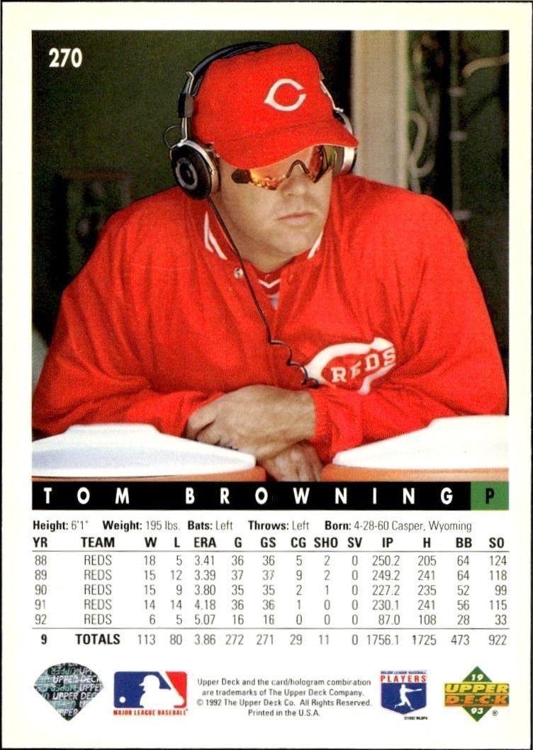1993 Upper Deck Tom Browning #270 baseball trading card back