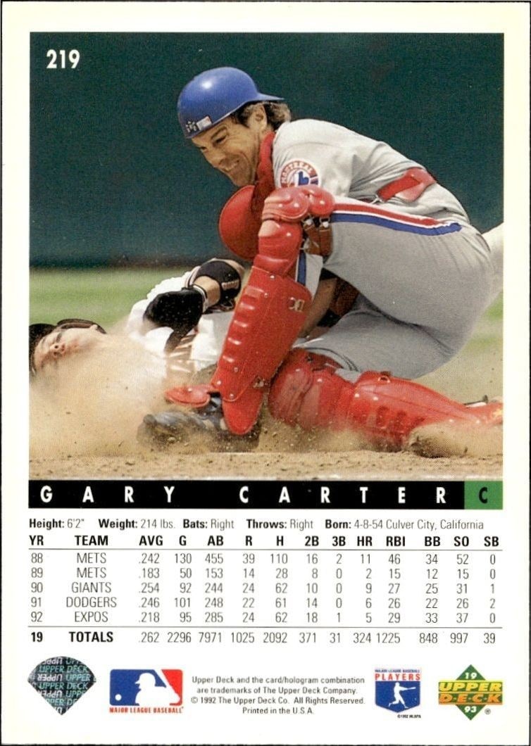 1993 Upper Deck Gary Carter #219 baseball trading card back