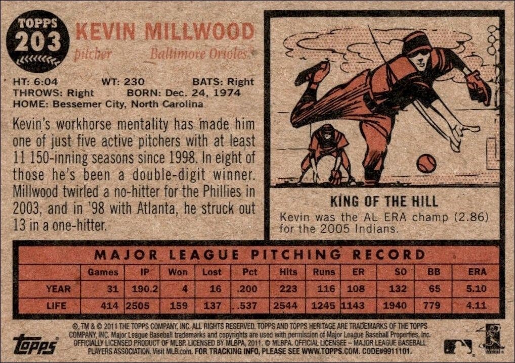 2011 Topps Heritage Kevin Millwood #203 baseball trading card back