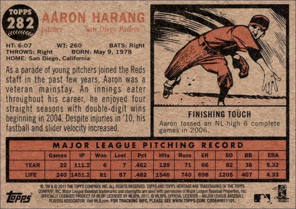 2011 Topps Heritage Aaron Harang #282 baseball trading card back