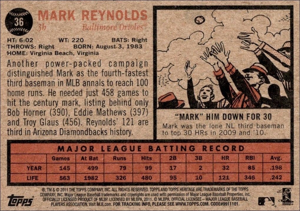 2011 Topps Heritage Mark Reynolds #36 baseball trading card back