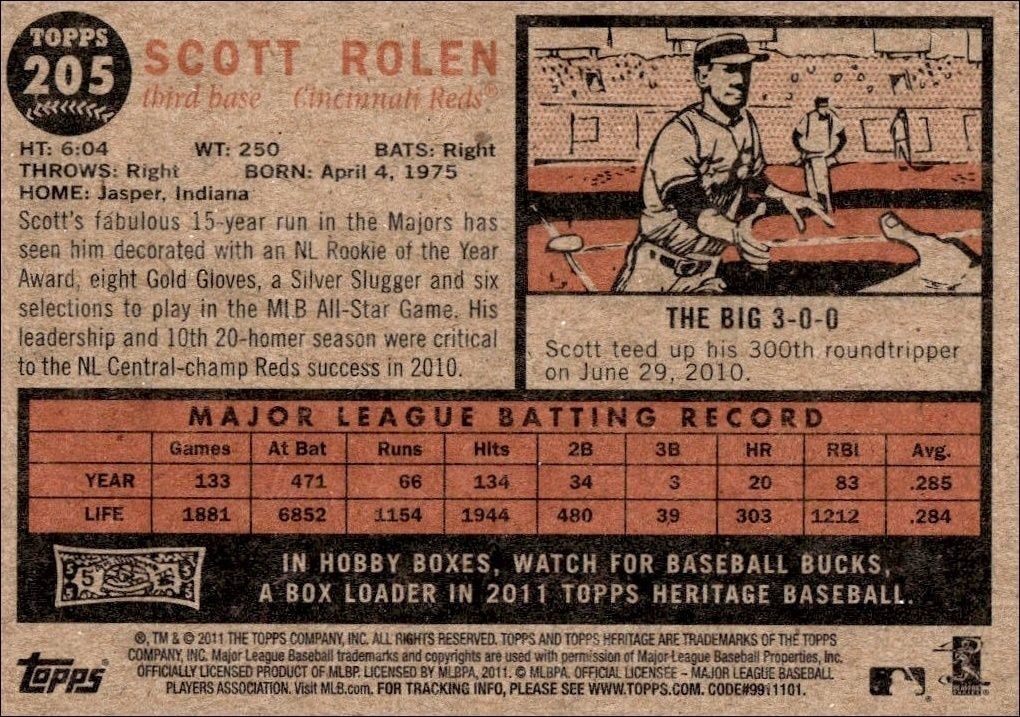 2011 Topps Heritage Scott Rolen #205 baseball trading card back