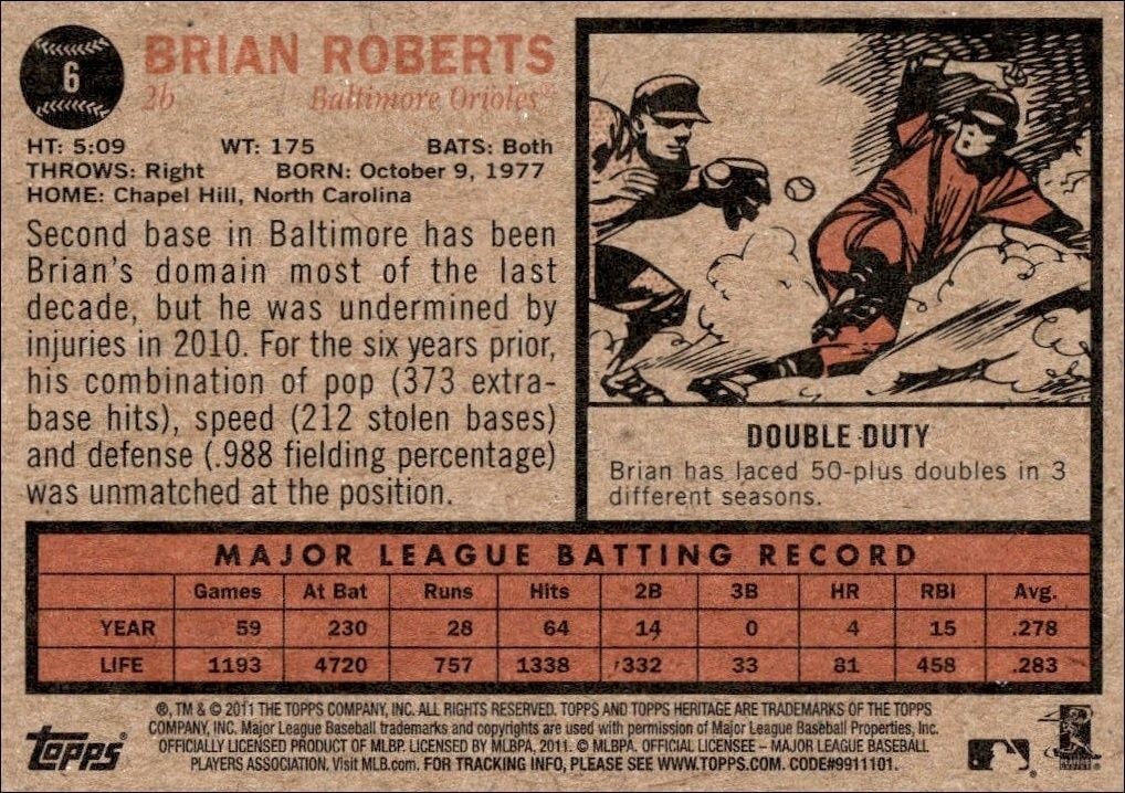 2011 Topps Heritage Brian Roberts #6 baseball trading card back