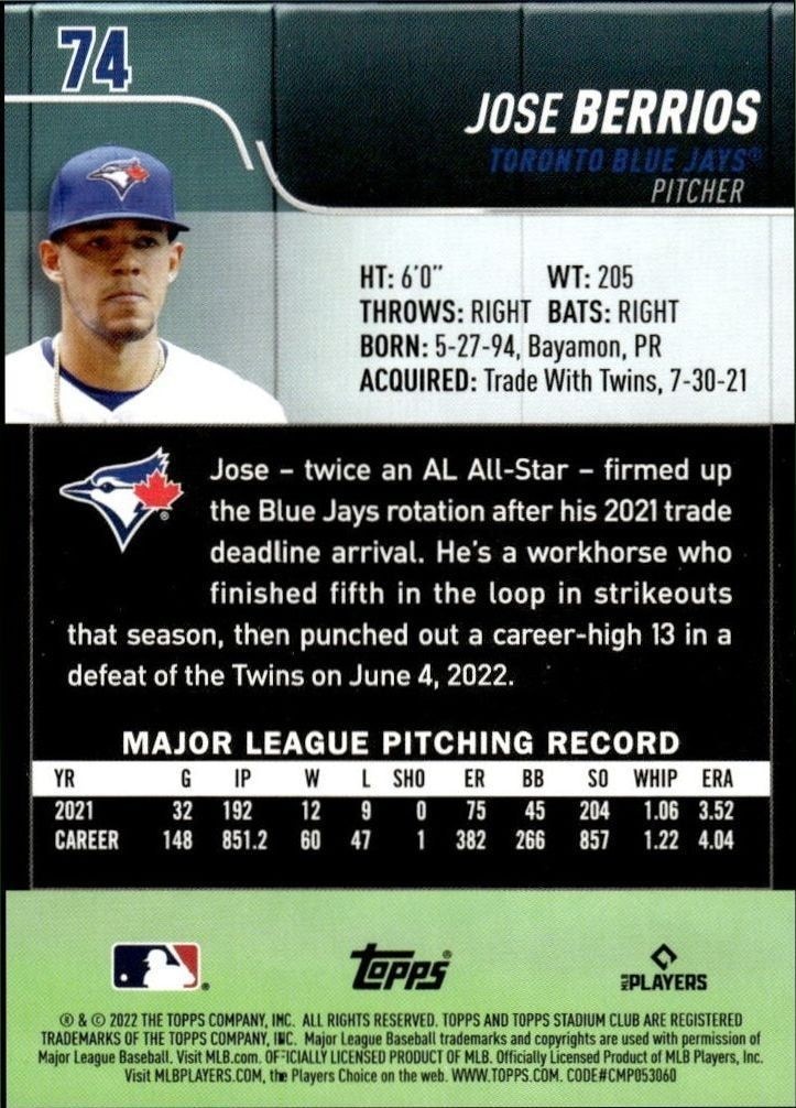2022 Topps Stadium Club Jose Berrios #74 baseball trading card back