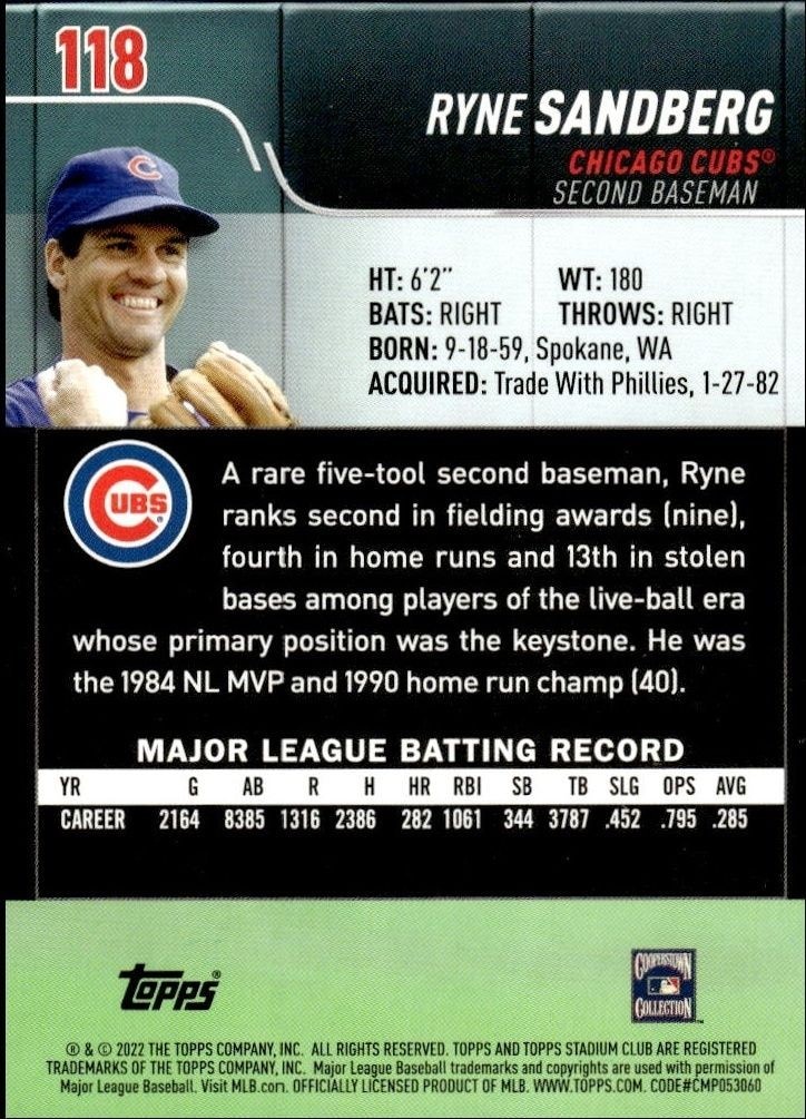2022 Topps Stadium Club Ryne Sandberg #118 baseball trading card back