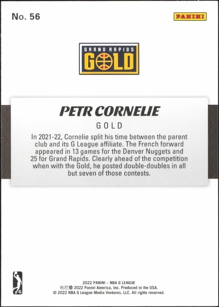 2021-22 Panini NBA G League Petr Cornelie #56 basketball trading card back