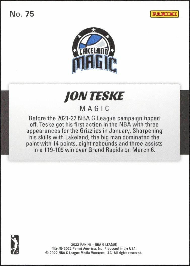 2021-22 Panini NBA G League Jon Teske #75 basketball trading card back