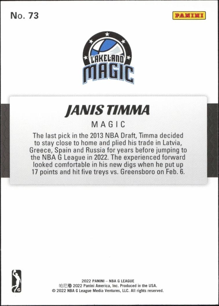 2021-22 Panini NBA G League Janis Timma #73 basketball trading card back