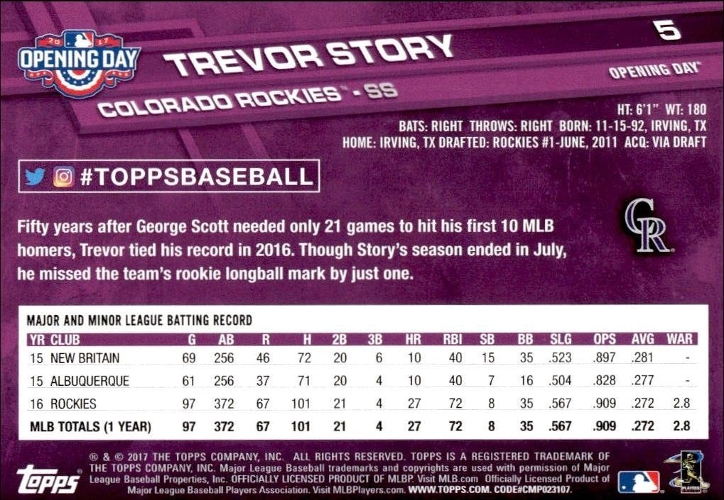 2017 Topps Trevor Story #5 baseball trading card back