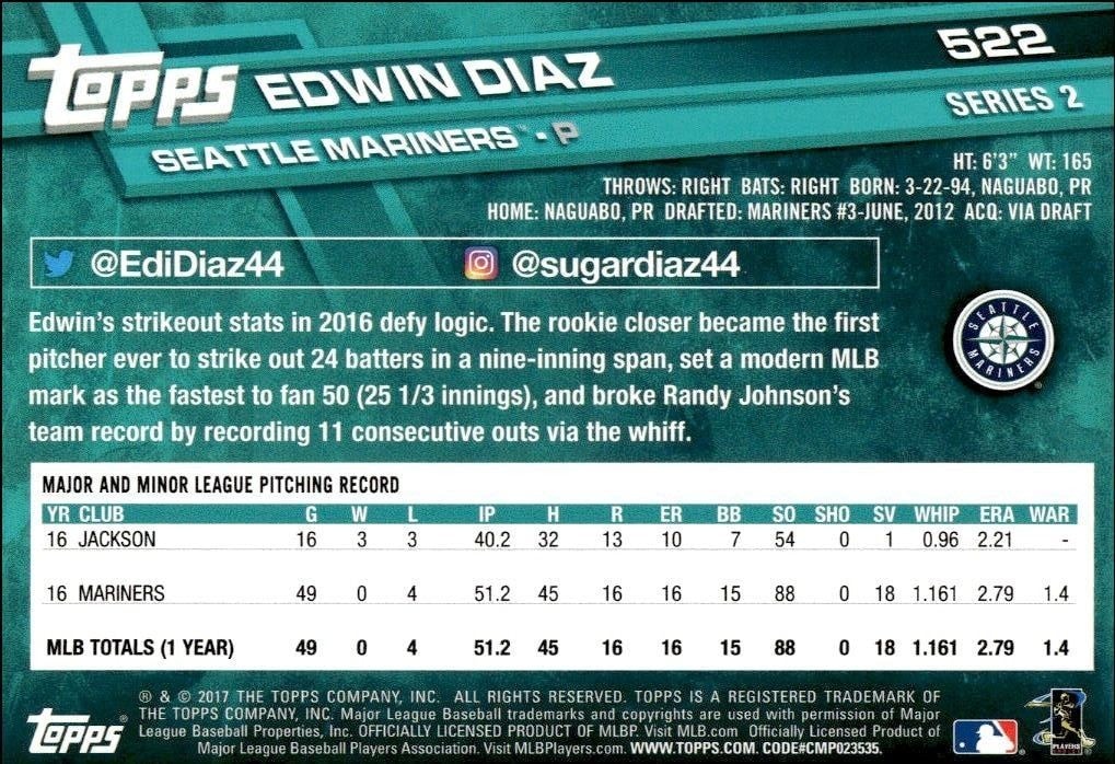 2017 Topps Series 2 Edwin Diaz #522 baseball trading card back