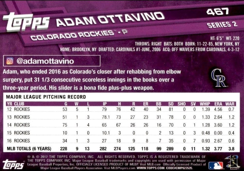 2017 Topps Series 2 Adam Ottavino #467 baseball trading card back
