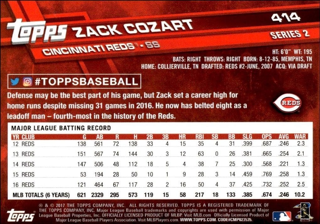 2017 Topps Series 2 Zack Cozart #414 baseball trading card back