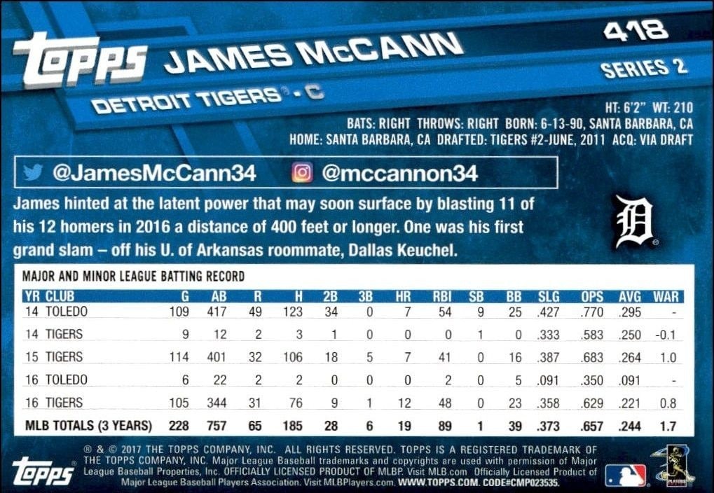 2017 Topps Series 2 James McCann #418 baseball trading card back
