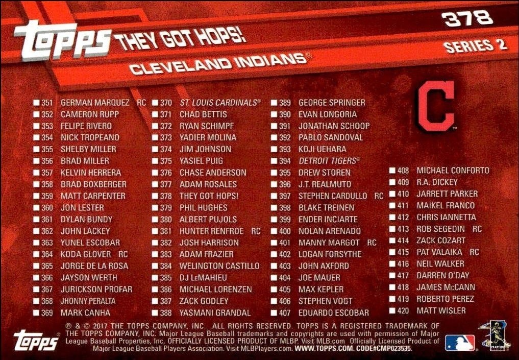 2017 Topps Series 2 Cleveland Indians #378 baseball trading card back