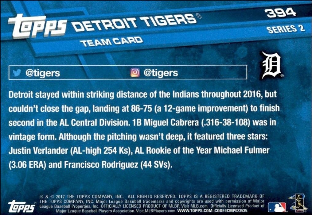 2017 Topps Series 2 Detroit Tigers #394 baseball trading card back