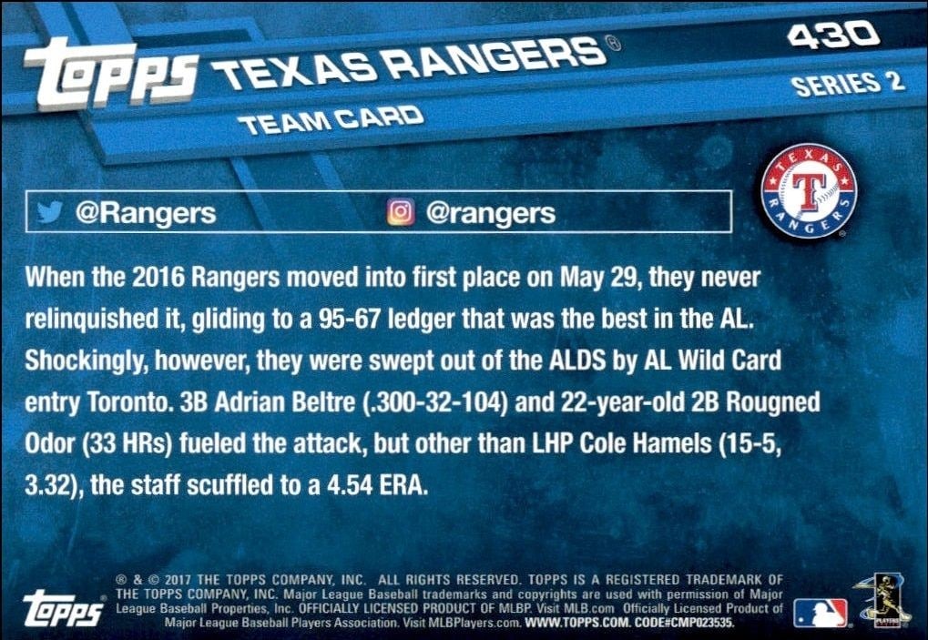 2017 Topps Series 2 Texas Rangers #430 baseball trading card back
