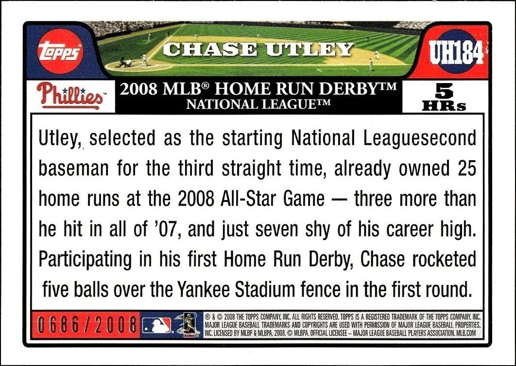 2008 Topps Updates & Highlights Chase Utley #UH184 baseball trading card back