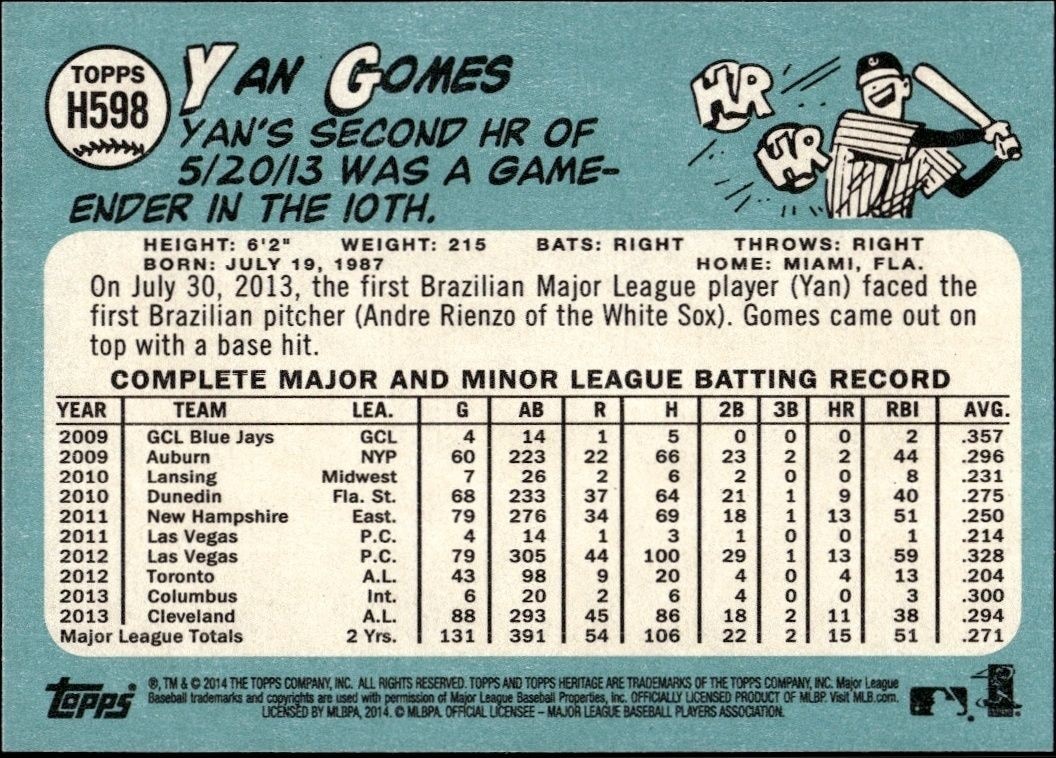 2014 Topps Heritage High Number Yan Gomes #H598 baseball trading card back