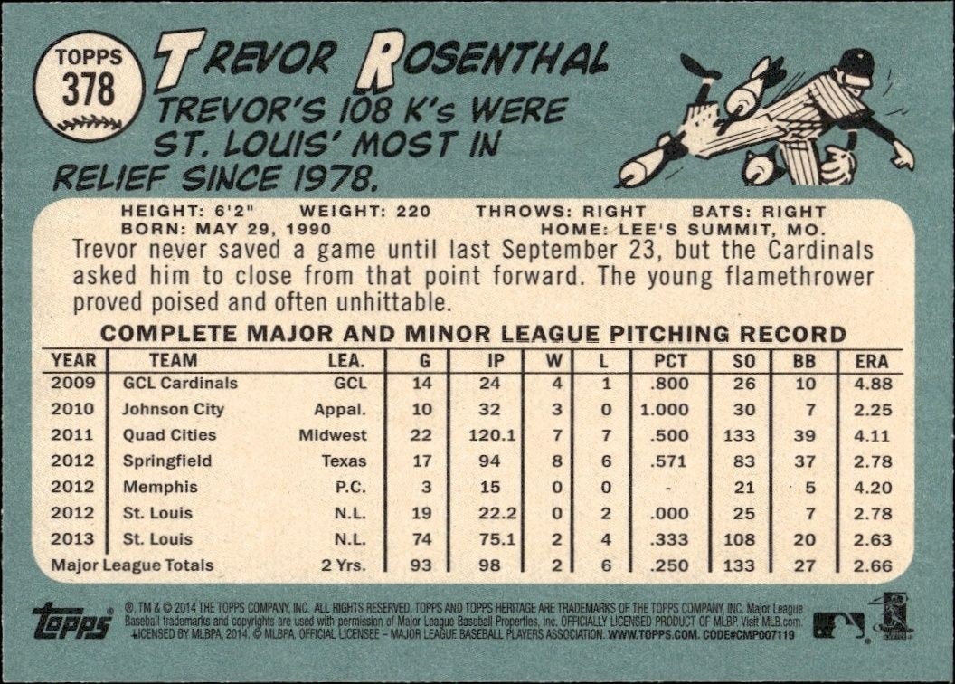 2014 Topps Heritage Trevor Rosenthal #378 baseball trading card back