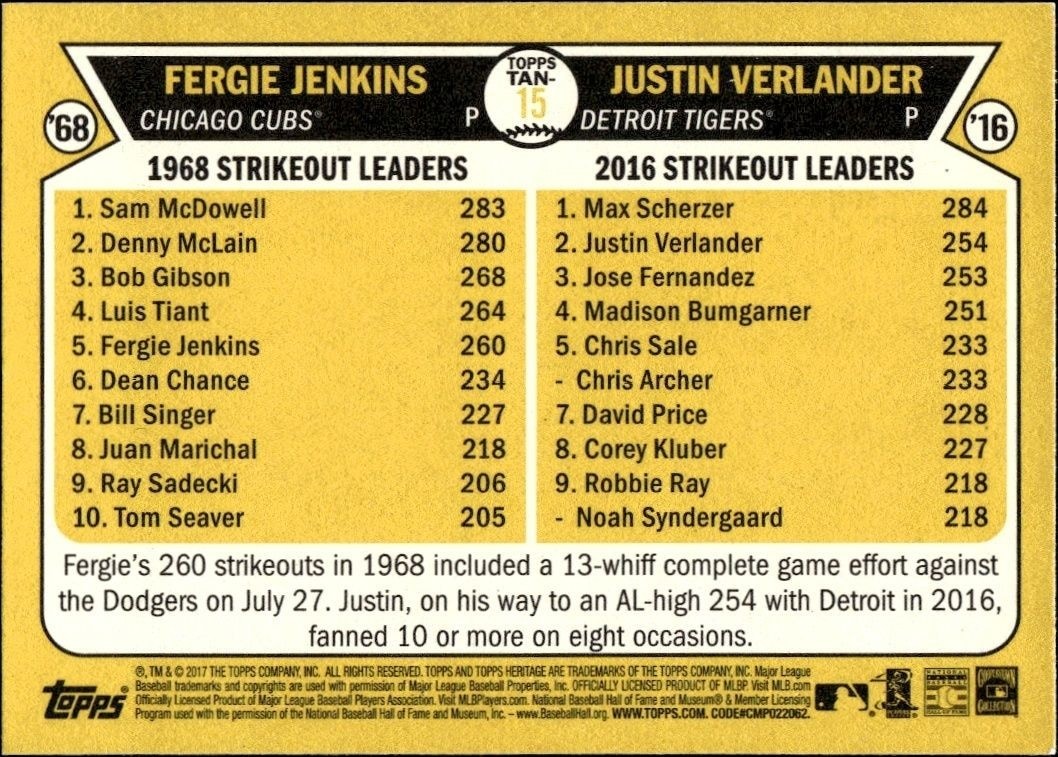2017 Topps Heritage Fergie Jenkins #TAN-15 baseball trading card back