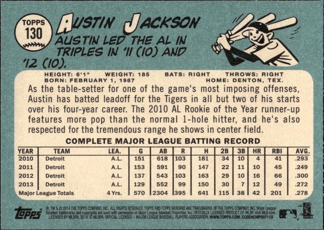 2014 Topps Heritage Austin Jackson #130 baseball trading card back