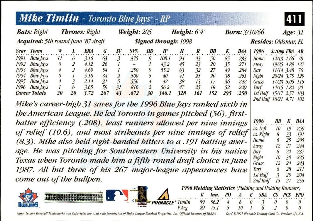 1997 Pinnacle Score Mike Timlin #411 baseball trading card back