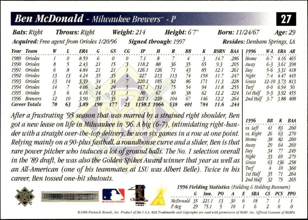 1997 Pinnacle Score Ben McDonald #27 baseball trading card back