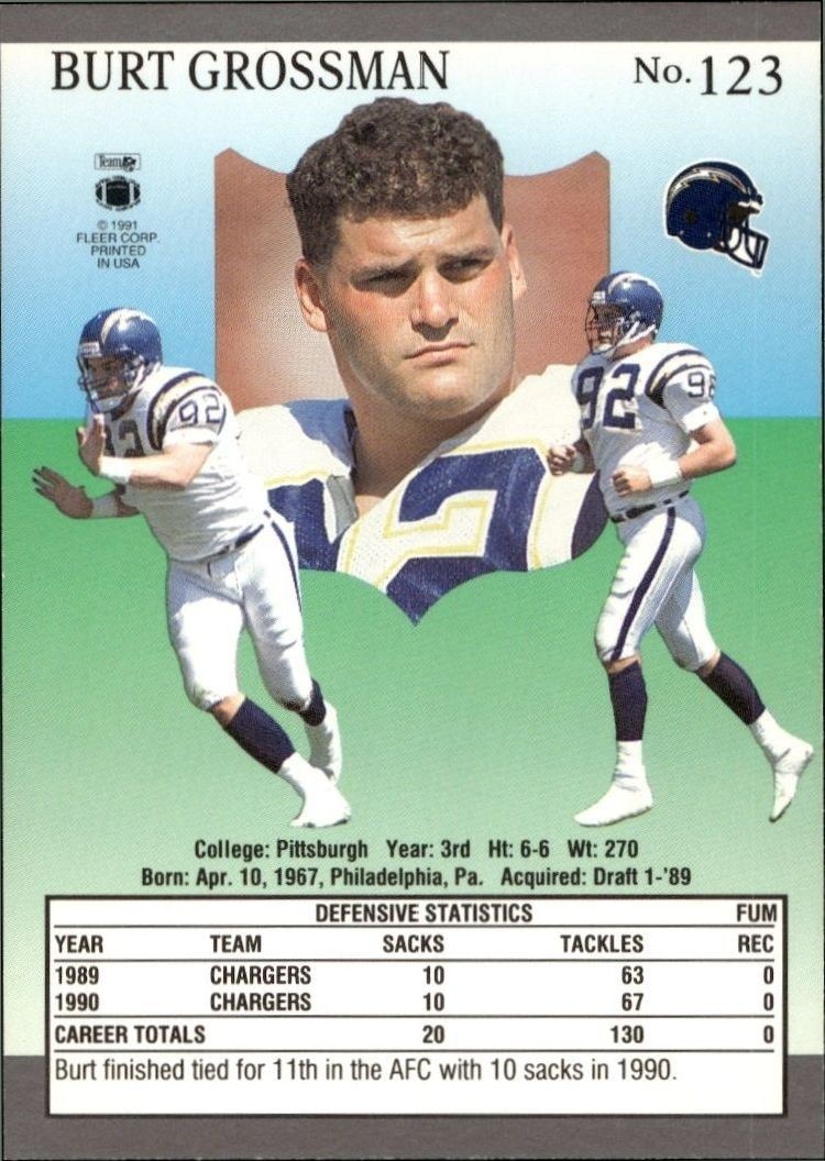 1991 Fleer Ultra Burt Grossman #123 football trading card back