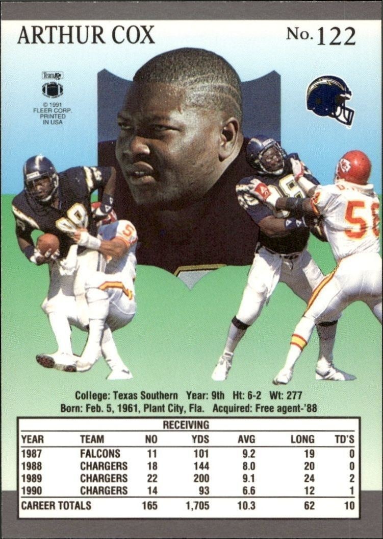 1991 Fleer Ultra Arthur Cox #122 football trading card back