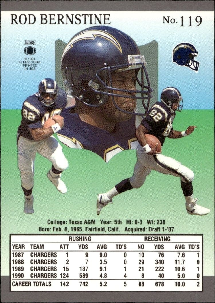 1991 Fleer Ultra Rod Bernstine #119 football trading card back
