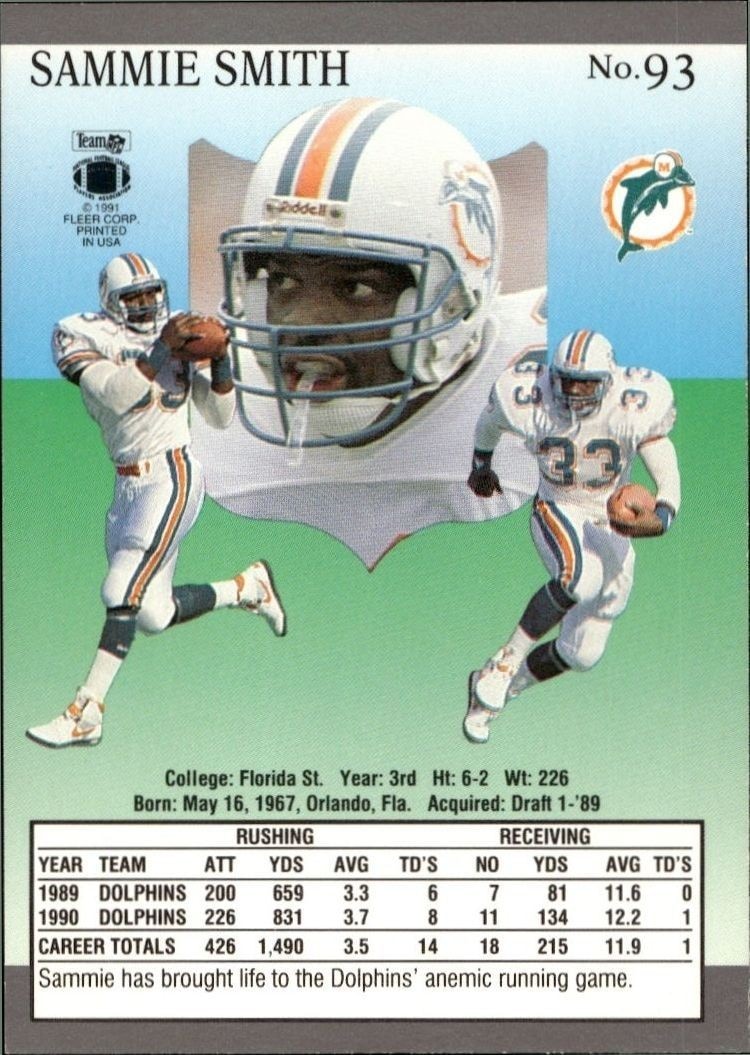 1991 Fleer Ultra Sammie Smith #93 football trading card back