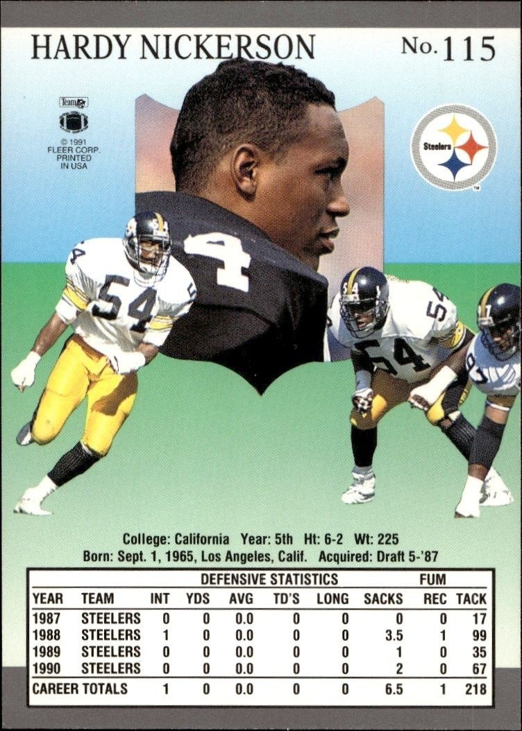 1991 Fleer Ultra Hardy Nickerson #115 football trading card back