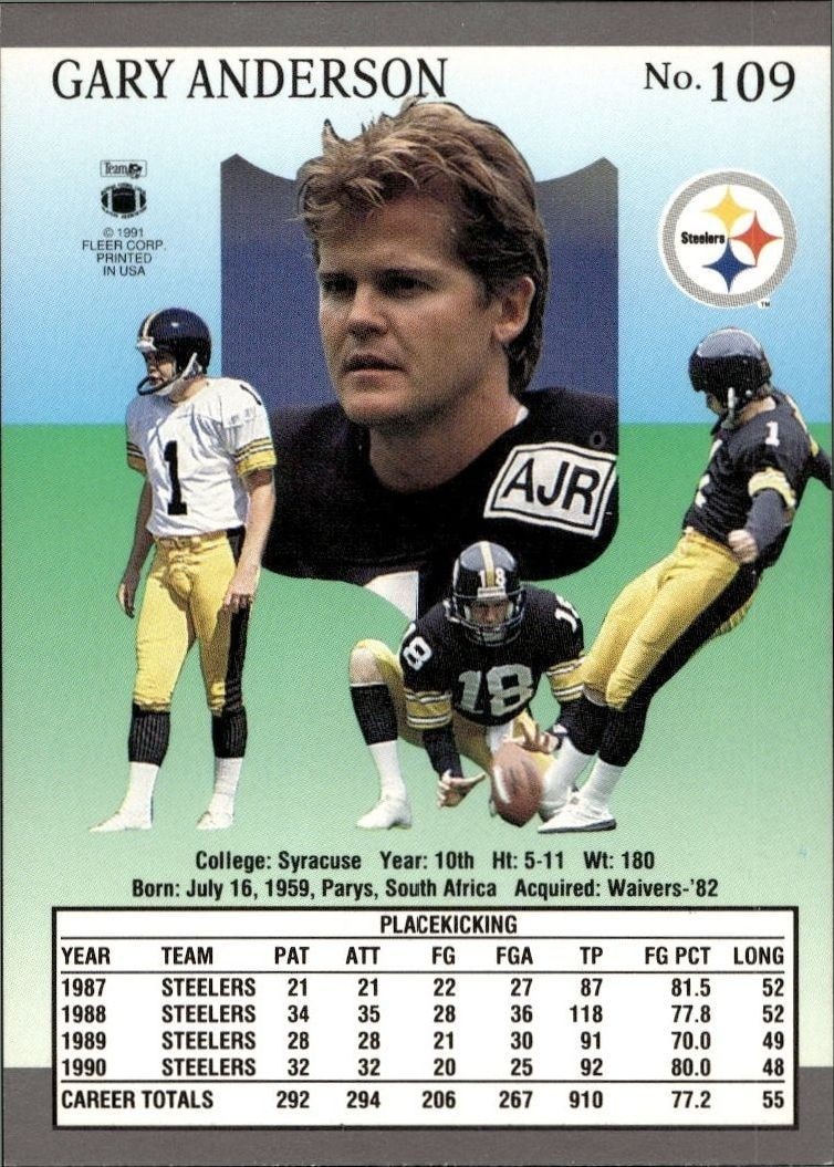 1991 Fleer Ultra Gary Anderson #109 football trading card back