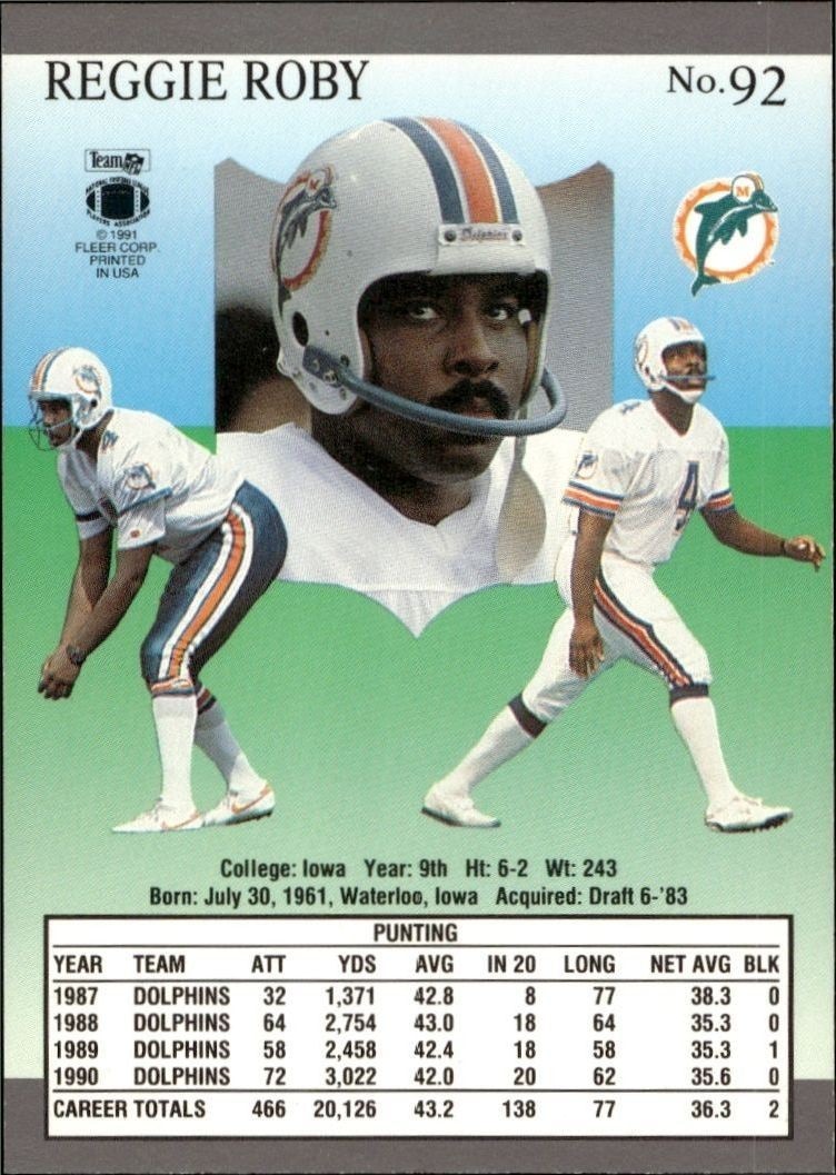 1991 Fleer Ultra Reggie Roby #92 football trading card back