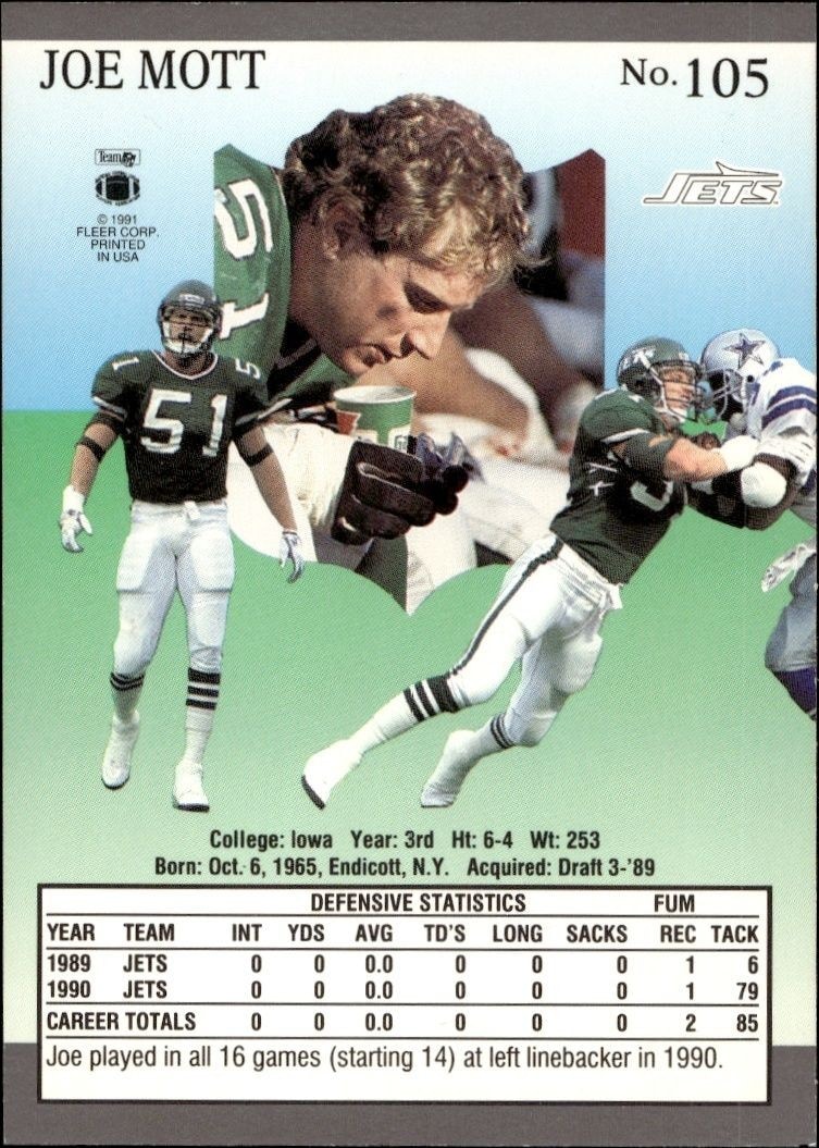 1991 Fleer Ultra Joe Mott #105 football trading card back