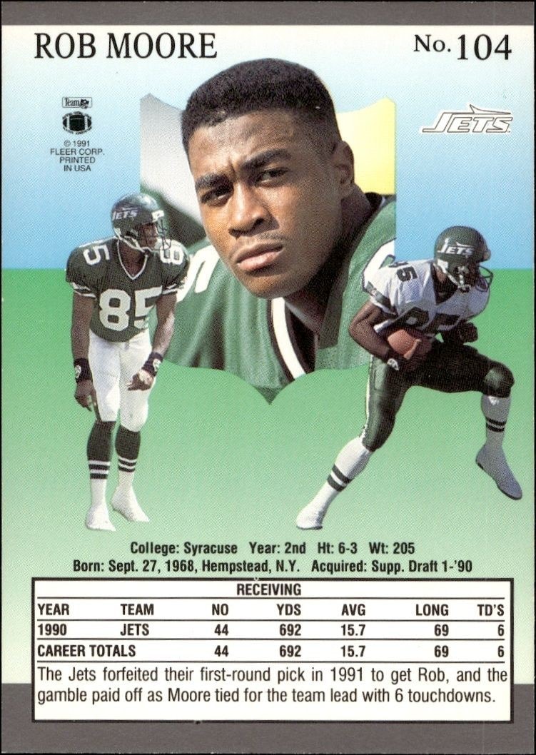1991 Fleer Ultra Rob Moore #104 football trading card back