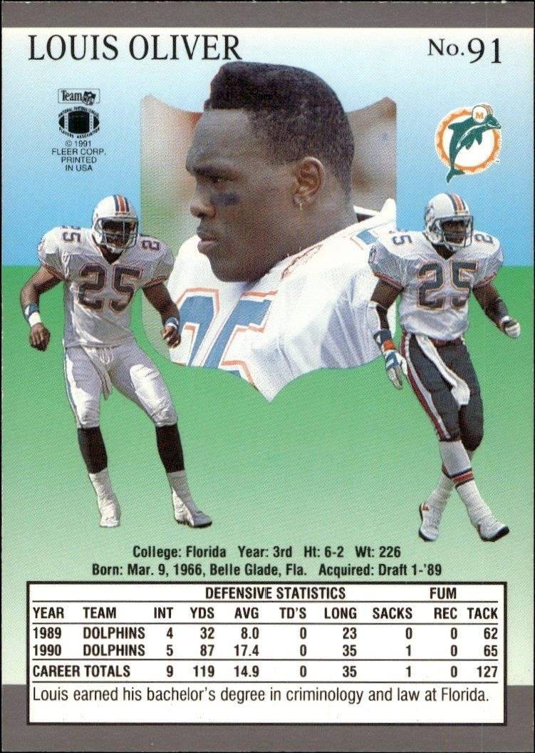 1991 Fleer Ultra Louis Oliver #91 football trading card back